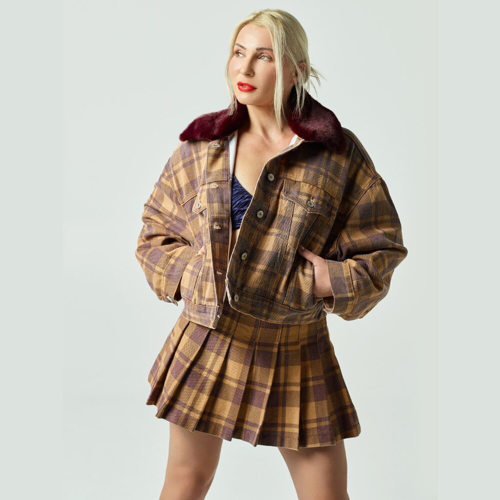 Signature8 Brown Plaid Denim Jacket with Faux Fur Collar